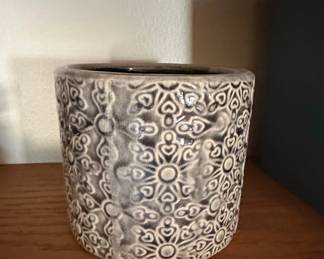 Vintage Ceramic Planter with Raised Floral and Heart Pattern