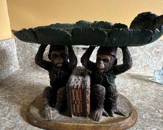 Denzine Hand Painted Monkey Sculpture Holding Leaf Dish