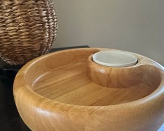 Crate & Barrel Beechwood Chip and Dip Bowl with Ceramic Insert