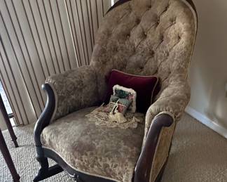 Victorian Walnut Rocking Chair with Floral Upholstery