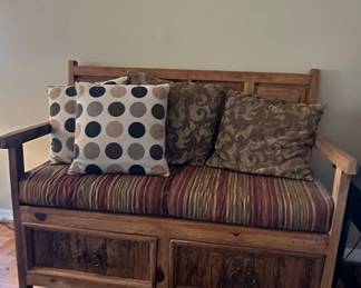 Rustic Pine Storage Bench with Striped Cushion