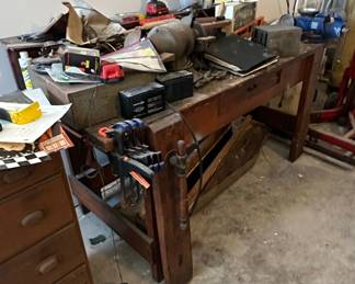 Vintage Wooden Workbench with Vise