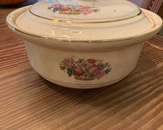 Vintage Harker Pottery Bakerite Casserole Dish with Floral Motif and Gold Trim