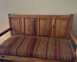 Rustic Pine Storage Bench with Striped Cushion