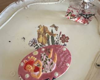 Vintage Decorative Tray with Ceramic Figurine and Perfume Bottle, possibly Capodimonte-style