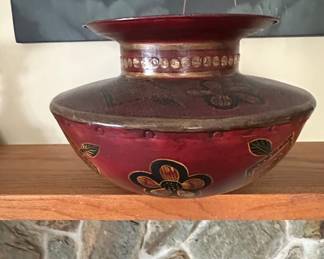 Hand-Painted Middle Eastern Riveted Metal Spittoon Vase