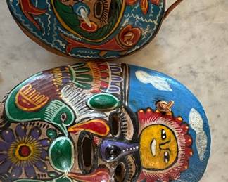 Hand-Painted Mexican Terracotta Folk Art Masks (Set of 2)