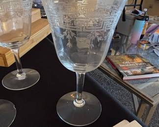 Greek Key Etched Crystal Wine Glasses