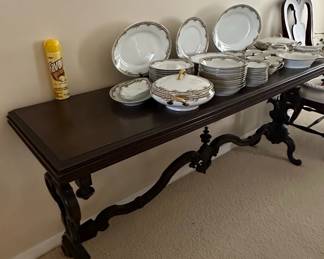 Antique Carved Mahogany Console Table with Porcelain China Set