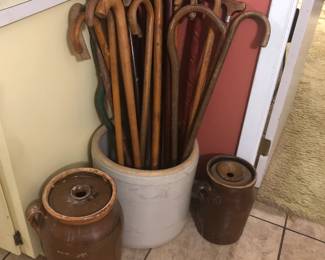 Crock With Vintage Canes, Two Brown Tobacco Spit Churns