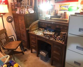 Oak File Drawers, Wood Rolling Chair,  Whites Metal Detector & Bunny Rabbit Candy Container 
