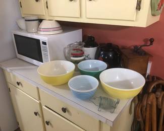 Pottery Bowl, Cookie Jars,  Tea Pitchers, Pyrex Bowls, Microwave & Pig Napkin or Letter Holder.