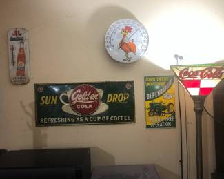 Suncrest Thermometer, Sun Drop Golden Cola Sign, John Deer Tractor Sign, Coca Cola Red White Tall Lamp & 