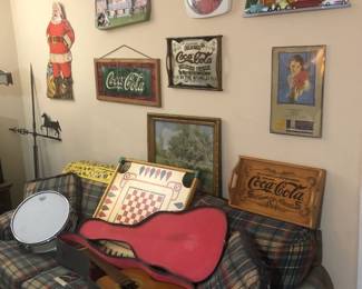 Cardboard Santa Coke Ad, Coca Cola Wooden Tray, Several Coke Advertising Items.