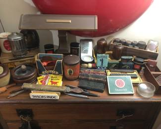 Old Humidors, Razor Straps, Snuff Jars, Old Mirrored  Shaving Stand, Straight Razor