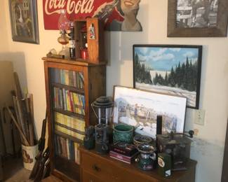 Wooden Book Case Full of Books & Wooden Three Drawer Chest, Old Lamps & Lanterns