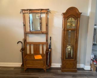 Vintage Hall Tree w/ Storage & Howard Miller Grandfather Clock w/ Key/Manual