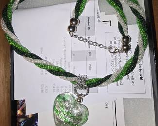 Murano Handblow Glass  Green Heart Necklace 