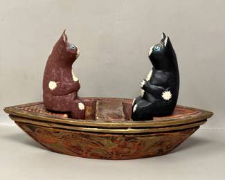 Lot 309 | Carved Wood Two Cats in a Boat Figurine Art
