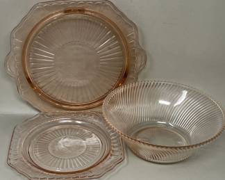 Lot 5 | Pink Pressed Glass Footed Cake Plate, Bowl, etc
