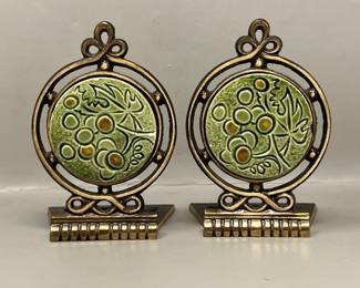 Lot 124 | Green Glazed Tile in Metal Vintage Bookends
