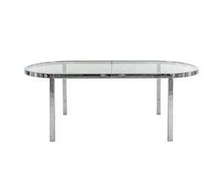 Milo Baughman “Racetrack” glass and chrome dining table 