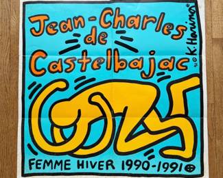 Vintage art poster for the Jean-Charles de Castlebajac Femme Hiver 1990-1991 fashion collection, illustrated by artist Keith Haring