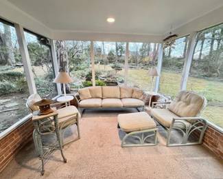 Woodard metal patio sofa, 2 chairs and ottoman