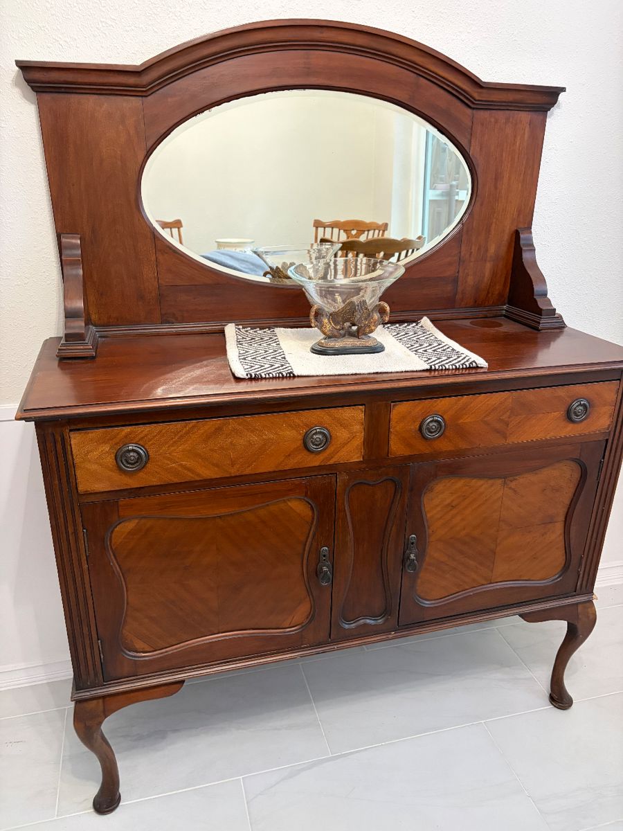Antique Queen Anne Sideboard Mahogany with oval mirror