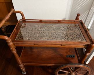 Vintage Pakistani Carved Wooden Bar Cart 