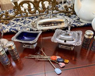 Mexican silver Olive/cocktail forks, Silverplate William Adams Sheffield 1800's salt cellar & Antique Mustard Pot Cobalt Blue liners 