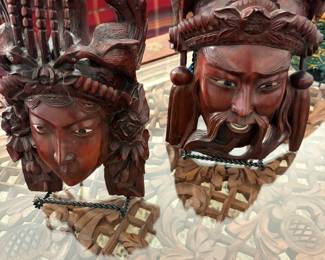 Vintage Hand-carved redwood wooden masks