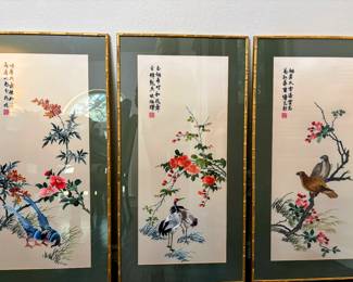 Extraordinary Vintage Chinese Silk Embroidered Chinese calligraphy and the birds & flowers
