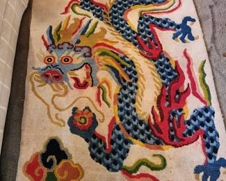 Vintage Handmade Wool Chinese Dragon Rug.