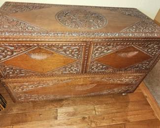 Handcarved Beautiful Trunk Cabinet with Drawers. Elephant on the Top.