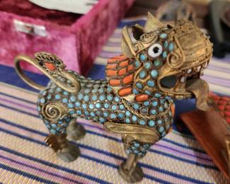 Foo Dog from Tibet or Nepal - Brass Filigree inlaid with Turquoise and Coral.