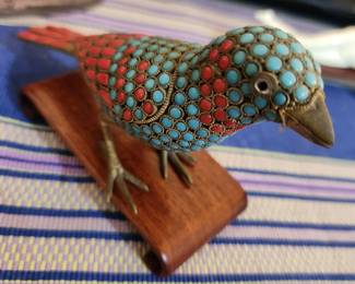Vintage Bird from Tibet inlaid with Turquoise and Coral!