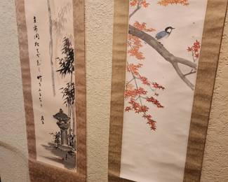 Several Japanese hanging scrolls.