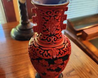2 Vintage Chinese Carved Cinnabar Lacquer Vases