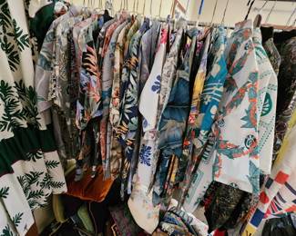 A whole rack of Vintage Men's Hawaiian Shirts with Hawaiian Labels.