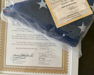 U.S. flag flown over Pearl Harbor at 1300 hours during the 50th Anniversary commemoration. Includes personalized certificate of authenticity. Certificate bears original recipient name.