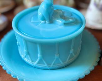 Vintage French opaque light blue opaline milk glass CAT ON DRUM powder jar by Portieux Vallerysthal