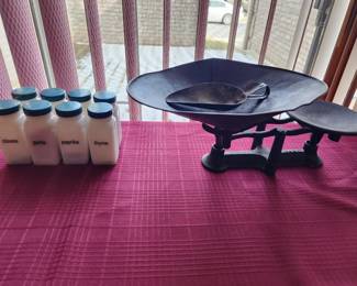 Antique spice jars & scale