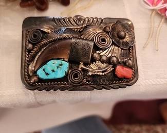 Silver turquoise bear claw belt buckle