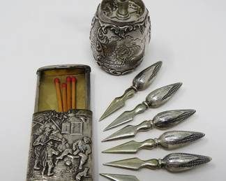 Sterling mill, matchbox & corn holders