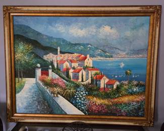 vibrant Italian village by the coast painting 