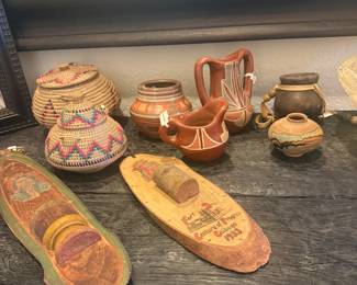 long needle pine baskets, 1930's match holders, Santa Clara pottery