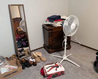 Mirror, night stand, fan, shoes