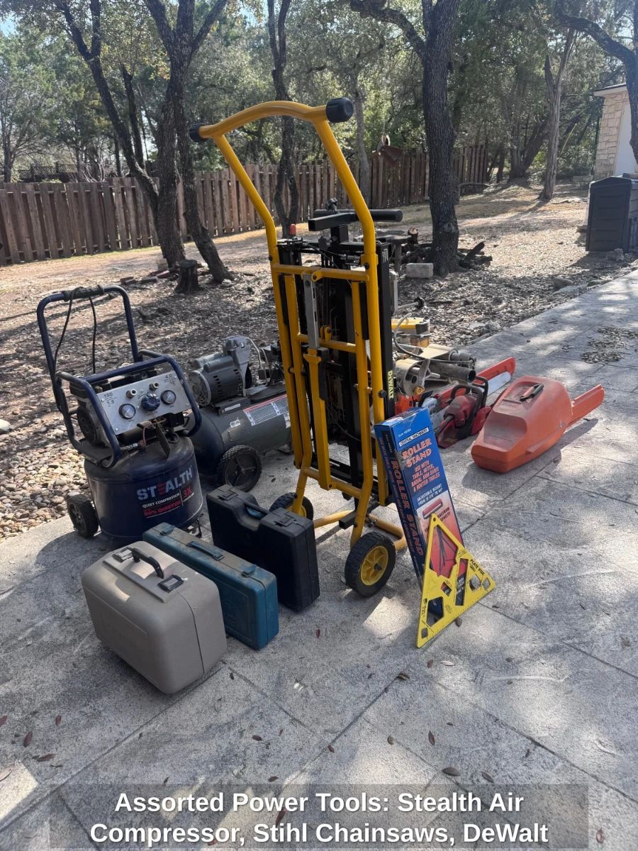 Assorted Power Tools Stealth Air Compressor, Stihl Chainsaws, DeWalt Roller Stand, and Central Machinery Roller Stand