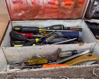 Vintage Metal Toolbox with Assorted Screwdrivers